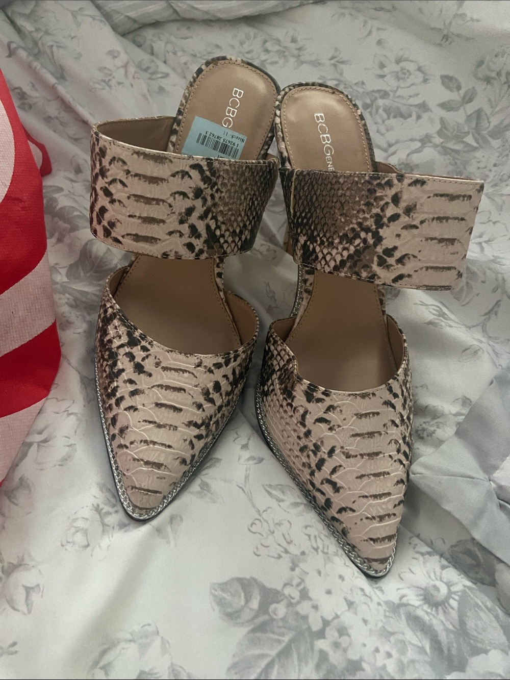 BCBG Neutral Snake-Print Pointed Mules